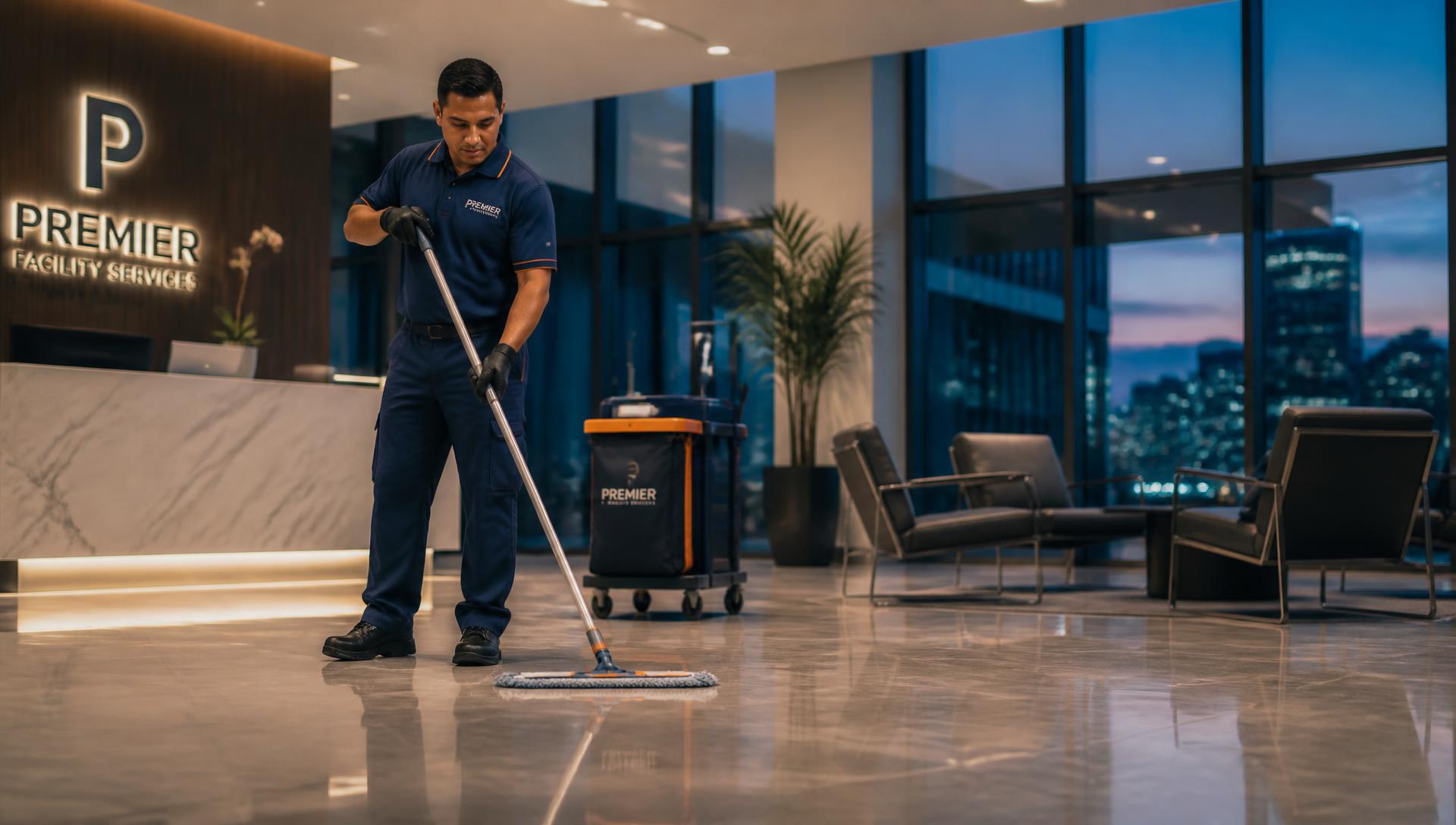 OZone Cleaners technician maintaining a modern corporate lobby floor at dusk