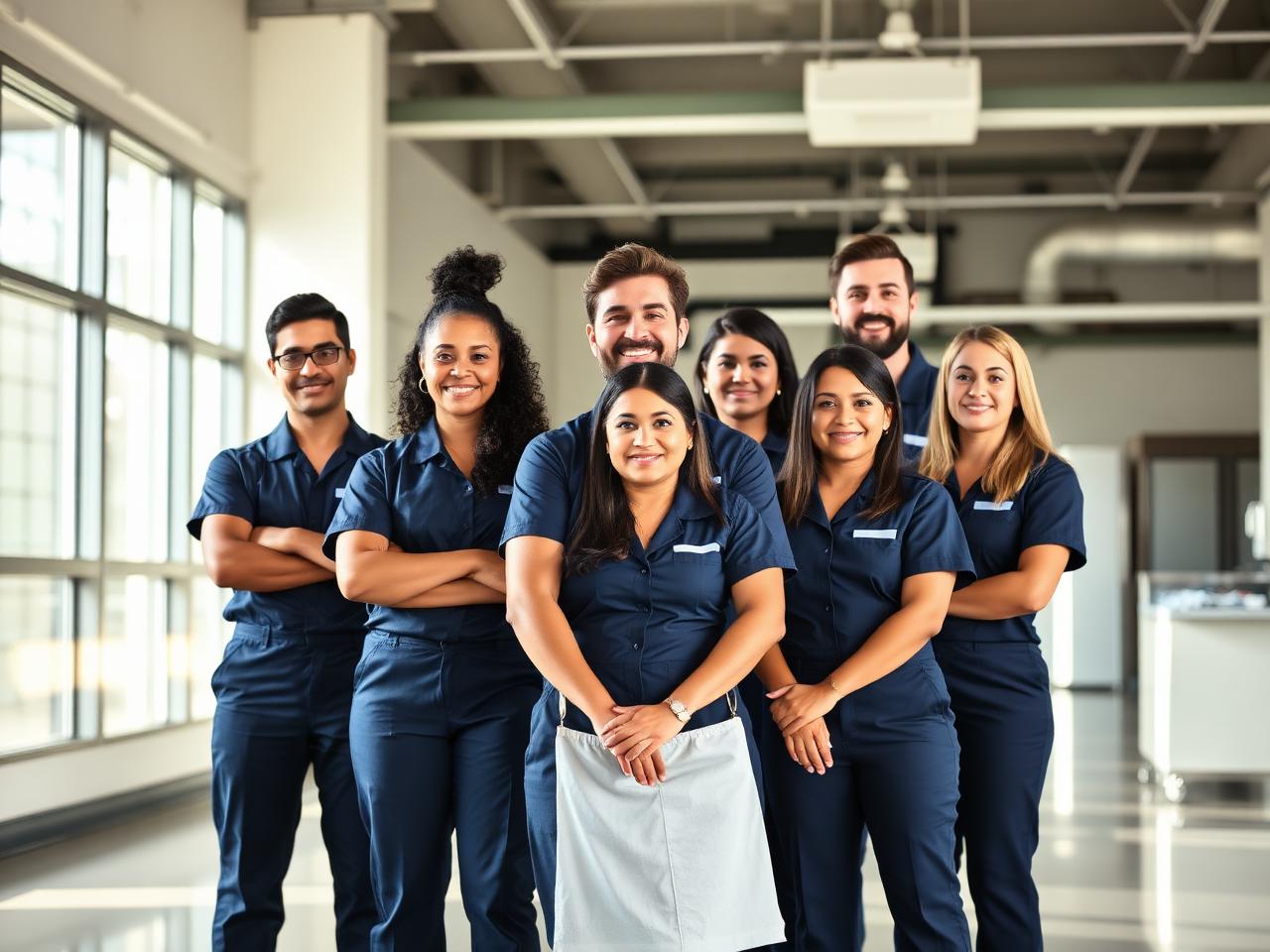 OZone Cleaners team members in navy uniforms inside a bright facility